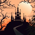 Happy Halloween background with dead trees and Dracula castle under the moonlight.. Vector stock illustration, EPS 10. Royalty Free Stock Photo