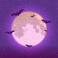 Happy Halloween background, full moon and bats on night sky, vector illustration