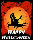 Happy Halloween background with ghost, bats, owls, moonlight and text