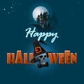 Happy Halloween background with haunted castle and a skull wearing black wizard hat