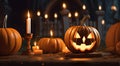 Happy halloween background image with scary pumpkins and candles in the graveyard of a castle, AI generated. Royalty Free Stock Photo