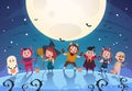 Happy halloween background. Monsters and kids in costumes. Halloween party poster or invitation vector template