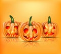 Happy Halloween background with orange funny and spooky pumpkin faces with glowing cute out faces.