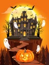 Happy halloween background with pumpkin, flying ghosts, haunted house on full moon Royalty Free Stock Photo