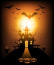 Happy Halloween background with pumpkin ghost, Haunted house with full moon and The witch was casting magic spells and made poison Royalty Free Stock Photo