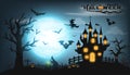 Happy Halloween background with pumpkin ghost, Haunted house with full moon and The witch was casting magic spells and made poison Royalty Free Stock Photo