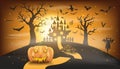 Happy Halloween background with pumpkin ghost, Haunted house with full moon and The witch was casting magic spells and made poison Royalty Free Stock Photo