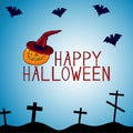 Happy Halloween background. pumpkin with hat. background of grave crosses and bats. Hand drawing. Vector illustration