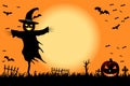 Happy Halloween Background with Scarecrow and Pumpkin Head