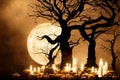 Happy Halloween background, scary pumpkins in creepy forest in night backdrop. Royalty Free Stock Photo