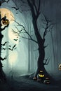 Happy Halloween background and scary tree pumpkin on full moon dark night Royalty Free Stock Photo