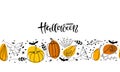 Happy Halloween background. Seamless border with orange Pumpkin, black dry plants, bat, spider, cobweb. Halloween Royalty Free Stock Photo