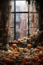 Halloween background spooky scene, creepy pumpkins scary backdrop.