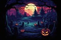 Halloween background spooky scene, creepy pumpkins on scary graveyard. Royalty Free Stock Photo