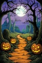 Halloween background spooky scene, creepy pumpkins on scary graveyard. Royalty Free Stock Photo