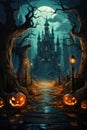 Halloween background spooky scene, creepy pumpkins on scary graveyard. Royalty Free Stock Photo