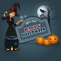 Happy Halloween background with a witch casts spells in front of cauldron