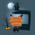 Happy Halloween background with wooden sign in moonlight scene Royalty Free Stock Photo