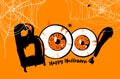 Happy Halloween banner background, Boo lettering with orange eyes. Scary cobweb spiderweb and spider. Poster, card