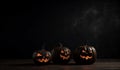 Happy Halloween banner with carved pumpkins on dark background. Mockup. Generative AI Royalty Free Stock Photo