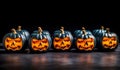 Happy Halloween banner with carved pumpkins on dark background. Mockup. Generative AI Royalty Free Stock Photo