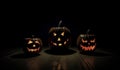 Happy Halloween banner with carved pumpkins on dark background. Mockup. Generative AI Royalty Free Stock Photo