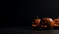 Happy Halloween banner with carved pumpkins on dark background. Mockup. Generative AI Royalty Free Stock Photo