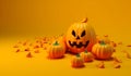 Happy Halloween banner with carved pumpkins on orange background. Mockup. Generative AI Royalty Free Stock Photo