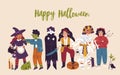 Happy Halloween banner with cute kids disguised in carnival, holiday party costumes. Helloween background with funny