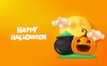 Happy Halloween banner with 3d cauldron and jack o lantern with full moon character Royalty Free Stock Photo