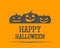 Happy halloween banner design with pumpkins scary faces on orange background