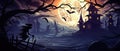 Happy Halloween Banner: Dreamlike Illustration Witch , Full Moon, and Haunted House,
