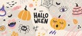 Happy halloween banner with funny hand drawn details pumpkin, spider, cobweb, potion, bat and more.Vector illustration Royalty Free Stock Photo