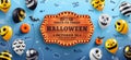 Happy Halloween Banner with Halloween text on vintage wooden board and Halloween Ghost Balloons on blue background Royalty Free Stock Photo