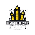 Happy Halloween banner with haunted house, spider web and spiders, gravestone and tombstone on grave, Halloween cat. Vector