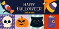 Happy Halloween banner with holiday characters, skull, pumpkin, monster, black cat Royalty Free Stock Photo