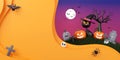 Happy Halloween banner with Jack O Lantern pumpkins and black cat Royalty Free Stock Photo