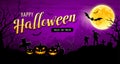 Happy Halloween Banner On Moon Night Purple Background