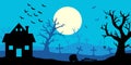 Happy Halloween banner. Halloween night background with house and trees on cemetery. Full moon in the sky and bats. Vector Royalty Free Stock Photo