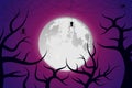 Happy Halloween banner or party invitation background with full moon castle bats cross pumpkins spiders ghost Royalty Free Stock Photo