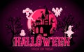 Happy Halloween banner or party invitation background. Holiday design with scary castle, ghosts on moon background