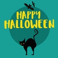 Happy Halloween banner or party invitation background. Illustration. Full moon in the sky, spiders web and flying bats. Place for Royalty Free Stock Photo