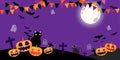 Happy Halloween banner or party invitation background with night clouds and pumpkins in flat style.Flag Halloween color. Vector Royalty Free Stock Photo