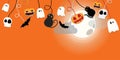 Happy Halloween banner or party invitation background with night clouds and pumpkins in flat style.Flag Halloween color. Vector Royalty Free Stock Photo