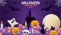 Happy Halloween banner or party invitation background with night clouds and pumpkins in paper cut style. Full moon in the sky, Royalty Free Stock Photo