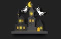 Happy Halloween banner or party invitation background with pumpkins, bat, ghost, in paper cut style.