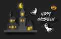 Happy Halloween banner or party invitation background with pumpkins, bat, ghost, in paper cut style.