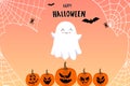 Happy Halloween banner or party invitation with Flying Ghost Boo, pumpkins and cobwebs. Vector illustration. Vector Royalty Free Stock Photo