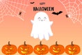 Happy Halloween banner or party invitation with Flying Ghost Boo, pumpkins and cobwebs. Vector illustration. Vector Royalty Free Stock Photo