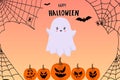 Happy Halloween banner or party invitation with Flying Ghost Boo, pumpkins and cobwebs. Vector illustration. Vector Royalty Free Stock Photo